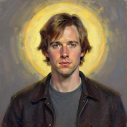 portrait of the dude from the big lebowski, sacred aura, halo behind his head, impressionism, muted colors, brushstrokes, high detail, sharp