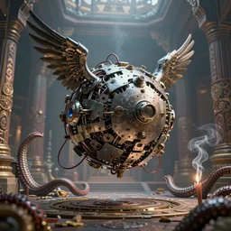 an immaculate render of a metallic sphere made of old modular robot parts spawning cables and bird wings, floating in a temple surrounded by wild tentacles made from mandalas and incense smoke, powerful, cinematic, beautifully lit, by greg rutowski, by galan pang, 3 d, trending on artstation, octane render, 8 k