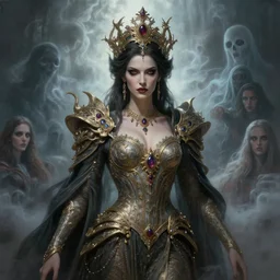 majestic and regal portrait of a female lady, intricate, epic, elegant, menacing, fantasy, highly detailed, digital painting, hard focus, beautiful volumetric lighting, epic light, ultra detailed, horror, souls, ghosts, smoke by leesha hannigan, ross tran, thierry doizon, kai carpenter, ignacio fernandez rios