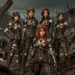 group of 4 scavenger girls in a junkyard, steampunk, gritty, dirty, rusty, high fantasy, detailed faces, sharp focus, high detail, smooth, digital illustration, by rossdraws, artstation