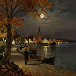 victorian harbour night, a beautiful painting John Atkinson Grimshaw, autumn