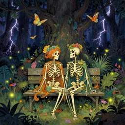 Vivid ornate concept design of skeleton couple sitting on bench in a dark fantasy forest with big trees fauna and flora and lightning bugs moths flying trending on artstation by John Howe and Feng Zhu and Peter Mohrbacher in a style of Jean Giraud and Alphonso Mucha