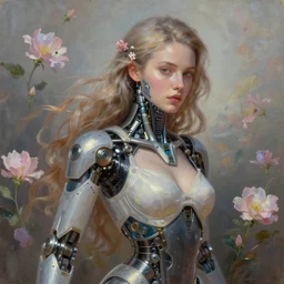 photo realism portrait of beautiful cyborg woman in cyborg clothes detailed metal, romantisism, outrun, pastel flowers, painting, dramatic, detailed, by android jones