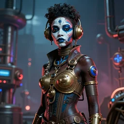 a beautiful!! Woman with painted face and body, dieselpunk, art by Bruce Onobrakpeya, featured on cg society, futurism, reimaged by industrial light and magic, Behance HD, movie still, cinematic colorful lighting, cinematic composition