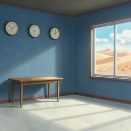 Big room with blue walls, white carpet on the floor, clocks hanging on the wall, wooden table in the corner, and a window overlooking the desert dunes，by Makoto Shinkai and Thomas Kinkade, fantasy matte painting, trending on cgsociety and unreal engine，light effect，highly detailed，super wide angle，