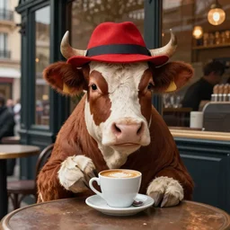 fancy cow with a red hat on her head sitting in front of a parisian coffee shop drinking coffee, eugène delacroix painting, 4k, realistic,