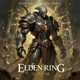 Elden Ring and Doom themed cartoony painting of an extraterrestrial alien armored biomechanical, dark fantasy matte painting movie poster, golden ratio, trending on cgsociety, intricate, majestic, dark epic fantasy, trending on artstation, by Kevin Keele and Nicolas Aviori, highly detailed, vibrant, cinematic quality character render; low angle; ultra high quality model; production quality cinema model