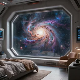 a bedroom in a spacestation, massive front window looking out a nebula, intense sci - fi details, realism, stunning photo - quality, bright and happy, movie - quality, futuristic, technology, cinematic atmosphere, muted colours, guardians of the galaxy - style 4 k, arnold render, trending on artstation, cgsociety