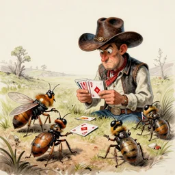 caricature sketch by r. crumb, theme of insects dressed as cowboys playing cards while seated around a round table in front of a stage show 1 8 7 0