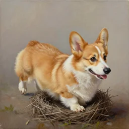 an corgi leaving the nest to fly for the first time, oil on canvas, portrait, intricate, 8k highly professionally detailed, HDR, CGsociety