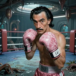 amazing detailed lucid surreal rendering by dali, futurisitic boxing gym in a dying utopia, radioactive swamp, boxing gloves made of rose quartz