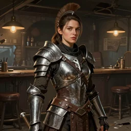 hyper detailed ultra sharp full body character portrait of a woman wearing spartan armor standing in a destroyed dive bar, with a realistically proportioned face, cinematic lighting, good value control, smooth, realistic shading, realistic face details, smooth, highly detailed, digital painting, painted texture maps, illustration, painted texture maps, substance painter