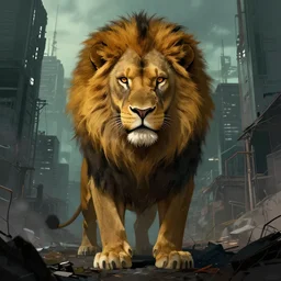 a lion in cyberpunk city abandoned by dan mumford, center frame singular high fantasy character concept art symmetrical features, digital painting, sharp focus, illustration