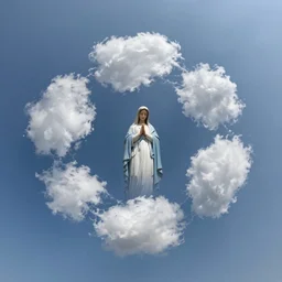 wide angle sky with [ ~ 5 ~ virgin mary cloud ~ 5 ~ ] in center, path tracing, ray tracing, illusion