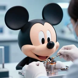 close view of the head of mickey mouse inside the lab repairing by people, netflix logo on the background, the concept art of eddie mendoza, greg rutkowski and artgerm