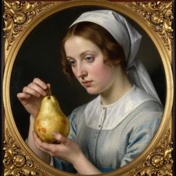 a painting of a nurse with blue eyes and brown hair looking at a pear , pre-raphaelite, ornate gilded details
