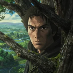 ultra realistic, cinematic, headshot portrait, of a tree wizard, branches, facial features, background of a vast serene landscape, with trees and rivers, detailed, deep focus, movie still, dramatic lighting, ray tracing, by michal karcz and yoshitaka amano