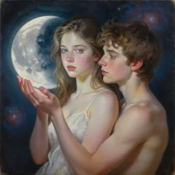 jade girl holds the moon and the son, in the background you can see the universe. by Daniel F. Gerhartz, hyperrealistic oil painting, 4k, very detailed faces, studio lightning