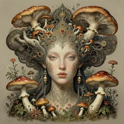 portrait photo of the goddess of mycelium networks, unusual beauty, fungi, mushrooms, flowers and plants, emotionally evoking symbolic metaphors, head in focus, ornamental, intricate, elegant, artstation, concept art, painterly, rule of thirds, sharp focus, art by h. r. giger, ernst haeckel, boris vallejo, zdzisław