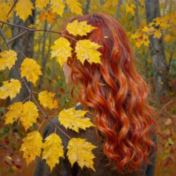 the leaves start to turn to the color of your hair, oil on canvas, many leaves and branches in the foreground, close - up of the back of a woman with long hair styled in waves with shades of yellow and red, in a forest in autumn, by jeremy lipking, craig mullins