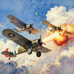 Concept art of two World War I planes fighting each other, blue sky with beautiful clouds and explosions, boixcar style, matte painting, vaporwave vaporwave vaporwave watercolor cover art with warm and vibrant colors, volumetric light, oil on canvas art by Rossdraws, award-winning masterpiece with incredible and beautiful details digital art, trending on artstation, smooth, 4K