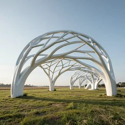 futuristic branching and webbed and vaulted shelter structure stretching out across the countryside, beautiful dynamic lighting, cinematic, wide angle establishing shot, extremely high detail, photo realistic, cinematic lighting, post processed, concept art, artstation, matte painting, style by eddie mendoza, raphael lacoste, alex ross, volumetric lighting, light rays, photorealistic, ultrarealistic, moody, coronarender, 8k