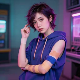 gorgeous tomboy with hoodie and bandage on her arms, vaporwave, n 4