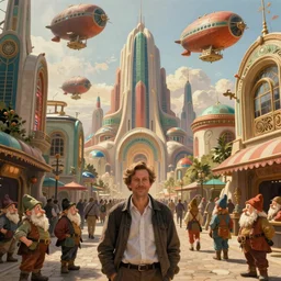 a man-on-the-street photograph of a dwarven city with retrofuturist art deco architecture, the street is occupied by dwarves going to and from work, steampunk airships fly overhead, illustration, art by Artgerm and Greg Rutkowski and Alphonse Mucha