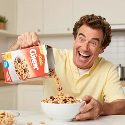 jim varney pouring out a box of cereal into a white bowl laughing hard with large buck teeth, award winning cereal commercial