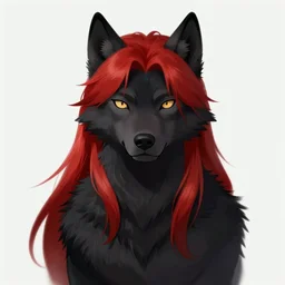 character concept art of a black anthropomorphic furry male wolf with long red hair | | cute - fine - face, pretty face, key visual, realistic shaded perfect face, fine details by stanley artgerm lau, wlop, rossdraws, james jean, andrei riabovitchev, marc simonetti, and sakimichan, artstation