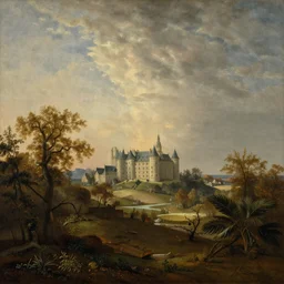 a neoclassicistic painting of a landscape at dawn with a castle in the distance by Albert Cuyp