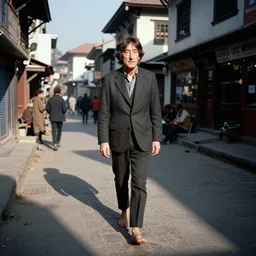 john lennon walking barefoot on the streets of kathmandu, 1970s vintage photo