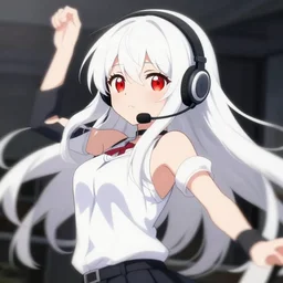 anime film still of a long white haired red eyed cute girl wearing a headset, dynamic pose, pixiv