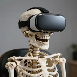 professional photograph of a skeleton wearing a vr headset, laughing