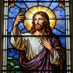 stained glass window depicting jesus christ taking a selfie