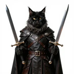 Khajit with Maine Coon features and black fur holding two shortswords cloaked in shadow and wearing leather armor, white background, Fantasy, Tarot card style, Half Body Portrait, High detail, hyper realistic