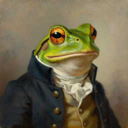 an oil painting of an anthropomorphic frog wearing a colonial frock jacket, head and shoulders portrait, oil on canvas, visible brushstrokes, soft focus