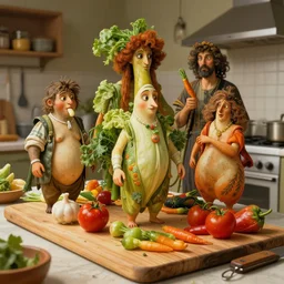 vegetables parade on a cutting board in the kitchen, digital art, realistic, anthropomorphic, highly detailed, cinematic, matte painting, vivid colors, realistic, epic lighting, by greg rutkowski and artgerm and alphonse mucha