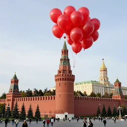 99 red balloons fly over the towers of the Moscow Kremlin, a big crowd looks upwards, sunny day, deep blue sky, award winning photo