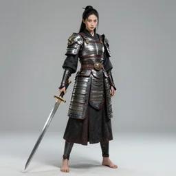 full body portrait of a barefoot female vampire warrior by guweiz, feet, barefoot, heavy plate armor, two - handed sword, lithe, athletic, beautiful, detailed, historical chinese armor, anatomically accurate, guweiz, z. w. gu on artstation, 4 k.