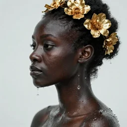 hyperrealistic precisionist cinematic profile very expressive! black oshun goddess, in water! up to shoulders, mirror dripping droplet!, gold flowers, highly detailed face, digital art masterpiece, smooth eric zener cam de leon, dramatic pearlescent turquoise light on one side, low angle uhd 8 k, overexposed, shallow depth of field