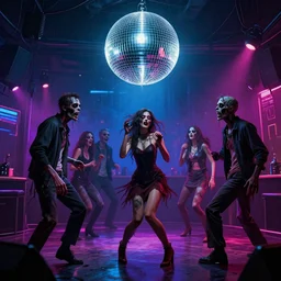 zombies dancing in a nightclub, disco ball, cyberpunk synthwave art by artgerm