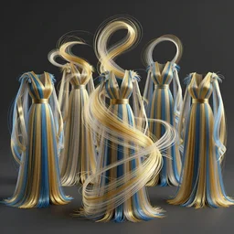 five long, flowing cloaks made of millions of thin ribbons and threads of translucent gold and blue that are twisting, swirling, unraveling, and pulling apart into dozens of vast webbing structures, unreal engine