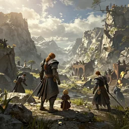 the elder scrolls vi, epic battle scene in the mountain valley, atmospheric lighting, painted, intricate, volumetric lighting, beautiful, daytime, sunny weather, slight overcast, golden hour, sharp focus, deep colours, ultra detailed, by leesha hannigan, ross tran, thierry doizon, kai carpenter, ignacio fernandez rios