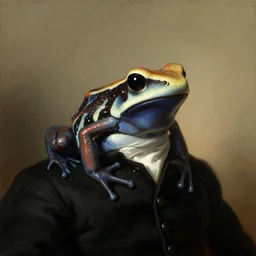 a head - and - shoulders portrait painting of an amazon milk frog wearing a black buttoned waistcoat, a portrait painting by john trumbull, cgsociety, american romanticism