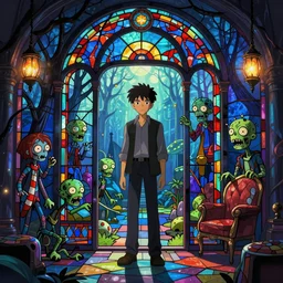 hotel boy, zombie stained glass!! infographic with illustrations!!!, glowing lights, epic fantasy, colorfully, digital art, highly saturated colors, concept art, detailed illustration, hd, 4 k, digital art, greg rutkowski, dan mumford, studio ghibli trending on artstation