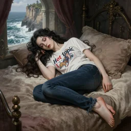 a hyperdetailed matte portrait of yennefer as a goth princess asleep on a bed in a tower, dressed in a contemporary t shirt and jeans from hot topic, sleeping princess!!!, cliffs and crashing waves in the background, highly detailed, deep focus, elegant, digital painting, sharp focus, ultra realistic, 8 k, art by greg rutkowski and rembrandt and alphonse mucha