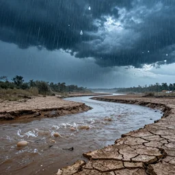 Massive raindrops over dried up river on dead land, hyper detailed photorealistic, dramatic lighting, global warming, blue sky