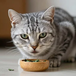 a grey tabby cat addicted to catnip