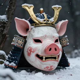 manga style samurai mask that looks like a pig wearing crown, winter, snow, depressed, dark, 8k, ultra high definition, ultra realistic, extreme detail